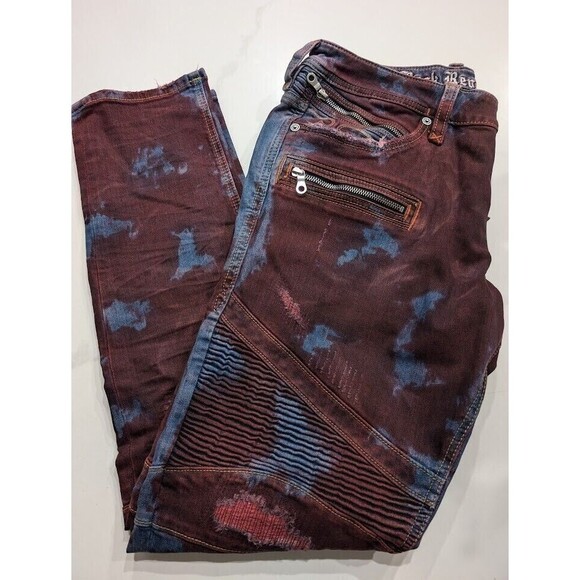 Rock Revival Moto Elroy Biker Distressed Jeans Acid Wash Red Blue Mens Size 38 - Picture 12 of 12
